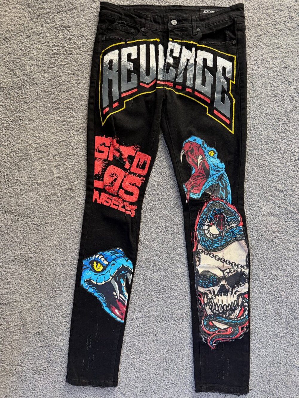GFTD Los Angeles Revenge Black Graphic Slim Jeans Skull Snake Punk Men's Size 34